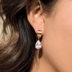 Boucles d'oreilles pendantes <span class=keywords><strong>J</strong></span>& Round Square Teasrop CZ Huggie en acier inoxydable plaqué or 18 carats avec grande pierre, bijou cadeau pour femme - Product Image 3