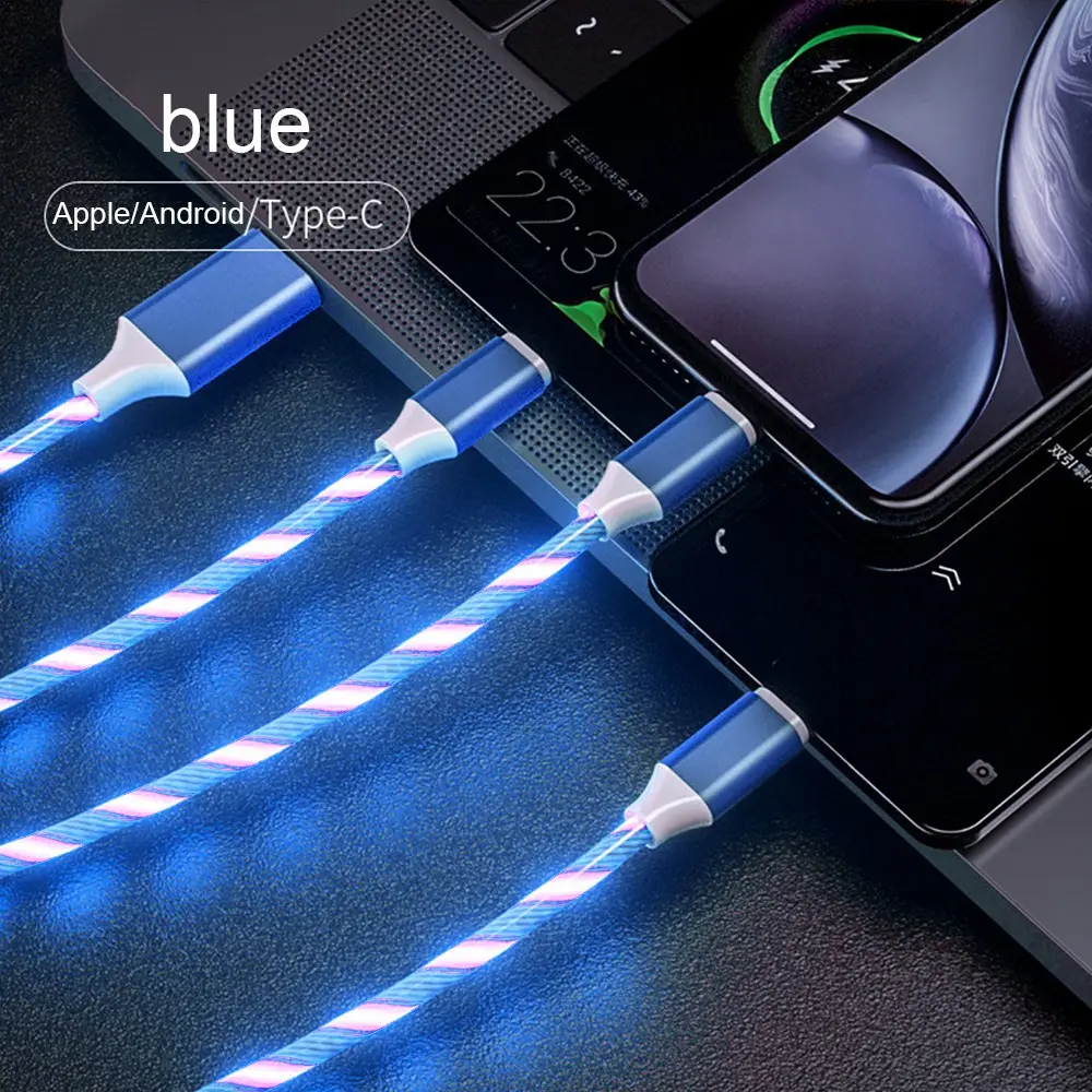 Custom 3 in 1 LED Glow Flowing Charger Cable Luminous Lighting Fast Charging Micro USB Type C For iPhone Android Phone