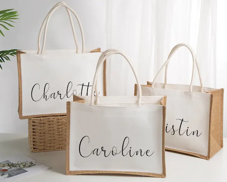 Logo personalizzato borsa in tela di iuta laminata ecologica borsa da spiaggia in lino riutilizzabile in tela di iuta shopping tote bags per la pubblicità