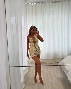 LM A607 <span class=keywords><strong>Abito</strong></span> Aderente Mini di Lusso per Donne con Cristalli Dorati e Lettere Leopardate in <span class=keywords><strong>Paillettes</strong></span> per Feste Sexy e Club - Product Image 5