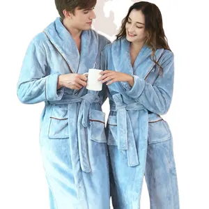 Wholesale Winter Couple Blue Fluffy Piping Bathrobe for Hotel