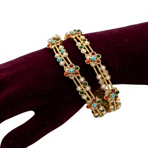 Trendy Brass Gold Plated <b>Bangle</b> Bracelets <b>Set</b> with Pearls Moissanite Stones for Women Wedding Gift Party Ethnic Style Jewelry - Product Image 2