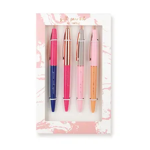 Custom Logo Cute Set of 4 Ballpoint Pens Manufacturers Writing Pink Push Action Plastic Gift Ball Pen