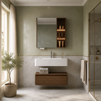 Meuble-lavabo flottant trois pièces en acier inoxydable et bois de noyer, résistant à l'humidité, avec miroir anti-buée, étagère LED et vasque intégrée pour villa