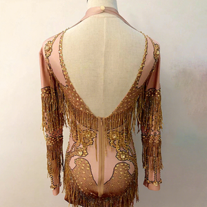 Body de seda/algodón brillante con borlas para espectáculos de pole dance, atuendo promocional para cantantes femeninas, ropa de escenario para danza. - Product Image 2