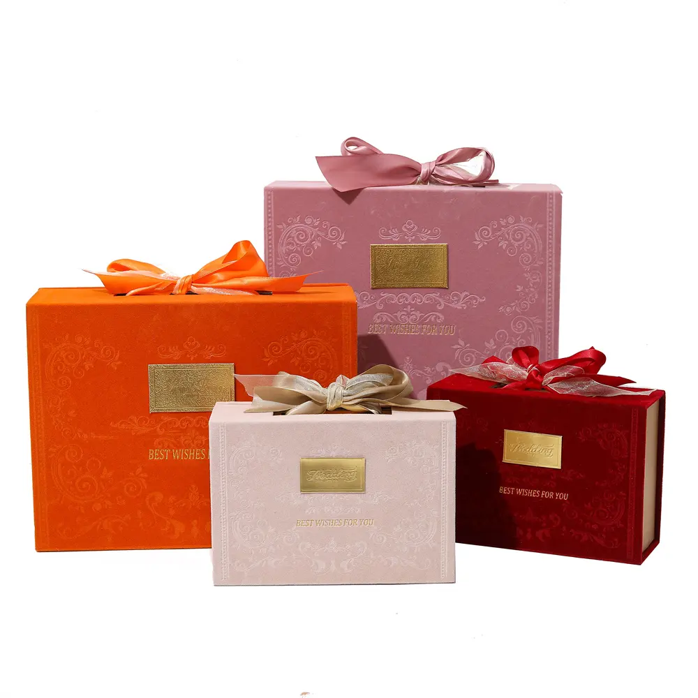 Custom Logo White Rigid Hard Case Cardboard Packaging Gold Foil Luxury Velvet Gift Boxes with two colors Ribbons