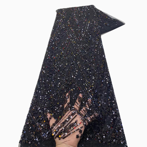 Ni. Ai sang trọng màu đỏ đính cườm ren lưới hoa cô dâu lưới thêu Sequins ren vải với ngọc trai cho vật liệu váy cưới - Product Image 5