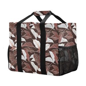 Wholesale Brown Leaf <b>Print</b> <b>Large</b> Foldable Shopping Bag Custom Logo Beach Travel Reusable Grocery Tote With Mesh Side Pockets - Product Image 1