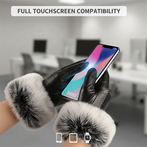 Gants d'hiver Zeyu pour <span class=keywords><strong>femme</strong></span> en peau de mouton, cinq doigts, épaissis, ornés de fourrure de lapin mignonne, luxueux, en cuir véritable, décontractés pour le quotidien - Product Image 2
