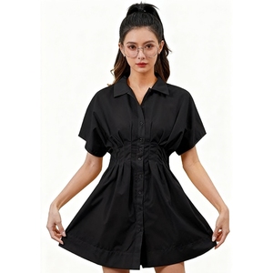 เดรสเชิ้ตผู้หญิงแขนสั้นลายทางติดกระดุมจีบแฟชั่น - Product Image 2