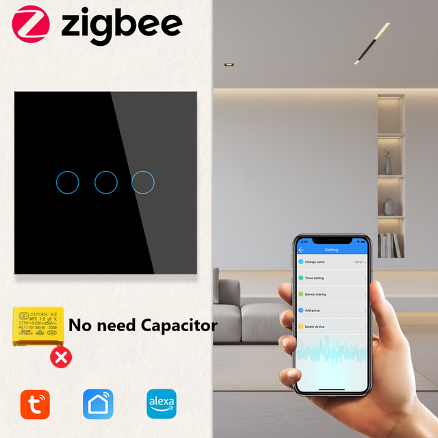 Tuya Zigbee Smart Switch No Neutral Wired Wall Switches Tempered Glass Panel APP Smart Life Remote Control Alexa Compatible