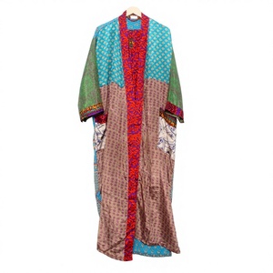 Robe longue patchwork pour femme, col mandarin, manches longues, tenue décontractée d'été, imprimé tissé en polyester, style kimono - Product Image 1