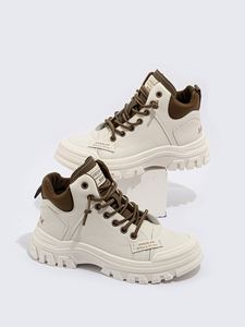 Nouvelle Collection : Baskets Montantes Chunky pour Femme – Design Patchwork en Cuir PU, Lacets, Tendance Décontractée Automne Hiver - Product Image 6