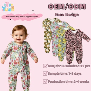Combinaison Bébé Entièrement Zippée à Pieds Intégrés, Motif Floral Vintage Léopard et Fleurs Petites, Bordure Volantée, Respirante, Vêtement de Nuit pour Tout-Petits, Tenue Quotidienne et Photo - Product Image 1