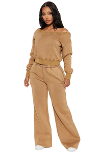 Felpa personalizzata a spalla e pantaloni della tuta a gamba dritta set di tessuto taglie forti da donna - Product Image 4