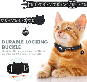 Kalung Kucing dan Anjing Berkualitas Tinggi dari Bahan Nilon dengan Desain Bintang Bulan Reflektif, Dilengkapi Tempat AirTag Silikon dan Lonceng untuk Pelacakan GPS - Product Image 3
