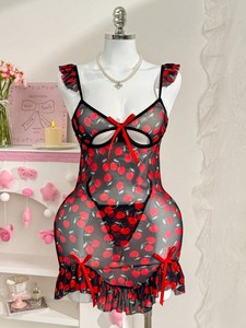 Sweet <b>Cherry</b> Print Sheer Mesh Nightgown with Thong Bow Hollow Out Spaghetti Strap Ruffle Mini <b>Dress</b> Women Sexy Lingerie Set - Product Image 6