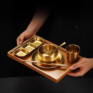 Korean Style Stainless Steel Tableware Set Gold Finish Durable Daily Use Child Dinnerware - Product Image 1