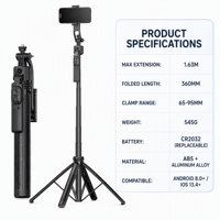 Perche à selfie avec suivi automatique du visage par IA, stabilisateur de téléphone extensible 2-en-1 avec cardan 360°, 1,63 m °   Télécommande à commande gestuelle par rotation
