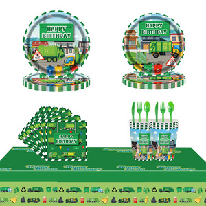 Assiettes en papier sur le thème du camion poubelle, vaisselle jetable pour fête d'anniversaire des enfants, style dessin animé, design écologique - Product Image 4