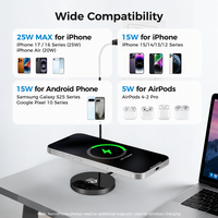 Stasiun Pengisian Daya Nirkabel Magnetik 25W Bersertifikasi OEM dari Aluminium Alloy .2 dengan Dudukan Ponsel, Pengisian Cepat untuk iPhone dan AirPods