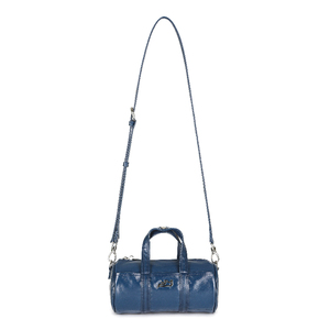 Mini sac fourre-tout rond bleu marine scintillant fabriqué en Corée avec fermeture à bouton-pression, poignée et bandoulière amovible pour un transport facile - Product Image 1