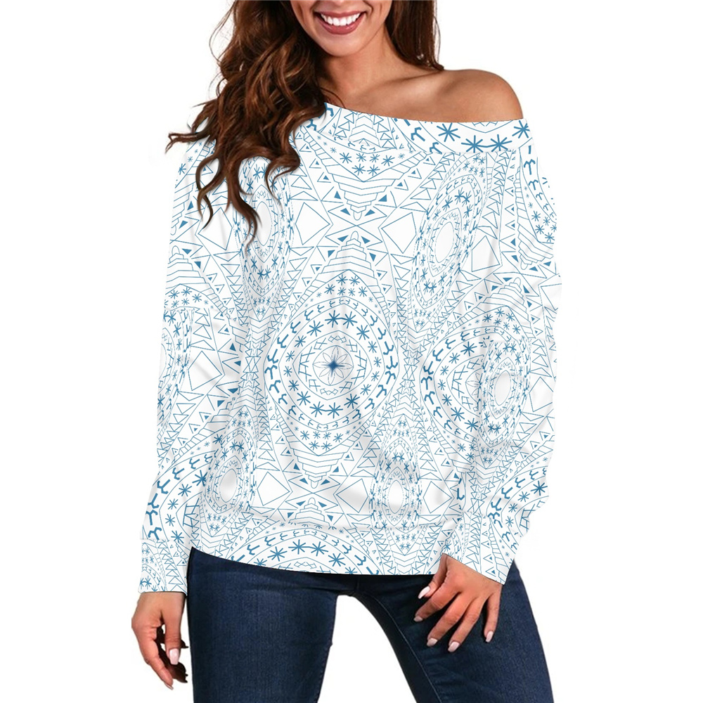 Women's Long Sleeve Off Shoulder Blouses Polynesian Tribal Tapa Stylish Clothing Plus-size Women's Clothes Cold Shoulder Blouses