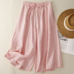 Cotton Linen Wide Leg Pants Loose Fit <b>Elastic</b> Waist Culottes Women's Casual Breathable Summer Style Green - Product Image 3