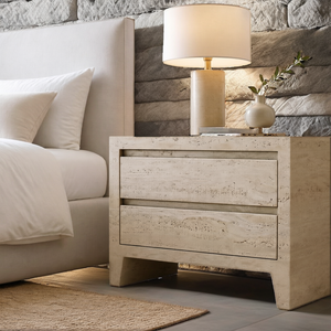 โต๊ะข้างเตียงหินธรรมชาติสไตล์โมเดิร์น RH รุ่น WYETH Travertine พร้อมลิ้นชัก 2 ช่องสำหรับเก็บของในห้องนอน - Product Image 2
