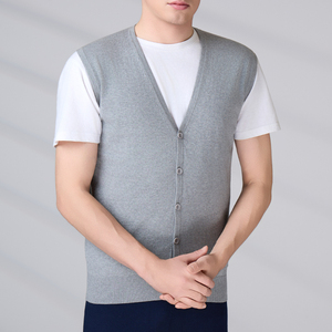 Gilet cardigan sans manches en coton gris tricoté à col en V pour homme, boutonné sur le devant, couleur unie, anti-boulochage, idéal pour l'automne - Product Image 5