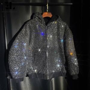 LARSUR Custom Factory Herren Schwere Ente Leinwand Edelstein Diamant Strass Denim Arbeits jacke mit Kapuze Worker Wear Jeans Hoodie - Product Image 1