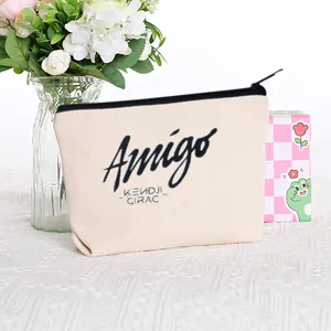 Wholesale Custom Logo Printed Cosmetics Pouches Cotton Canvas Cloth Makeup Pouch Beauty Cosmetic Bag For Travel With Zipper