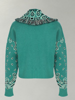 Cardigan ample en tricot jacquard motif cachemire vintage, col en V, revers à franges brutes, collection Printemps 2026