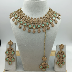 Vintage <b>Gold</b> Plated Copper Pearl Bridal Shadow Choker Necklace <b>Set</b> Earrings Maang Tikka Trendy High Quality Wedding Party - Product Image 2