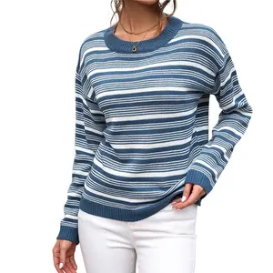 Long Sleeve T-shirt For Women Stripe Casual Elegant Women's Blouses Shirts Fashionable Round Neck OEM Customizable Ladies