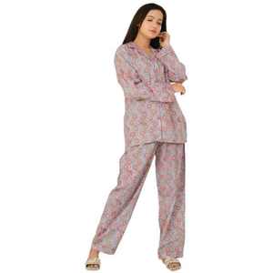 Ladies Floral Printed Cotton Night Suit Long Sleeve Woven Shirt and <b>Pants</b> Comfortable Soft Summer Pajama Set for Women - Product Image 4