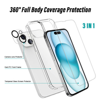 3in1 Étui transparent en cristal pour téléphone avec protecteur d'écran en verre trempé avec protecteur d'objectif de caméra pour iPhone 16
