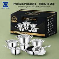 Ensemble de casseroles ZHEN NENG classique en acier inoxydable 12 pièces avec couvercles en verre, base multicouche, compatible lave-vaisselle, compatible gaz et induction