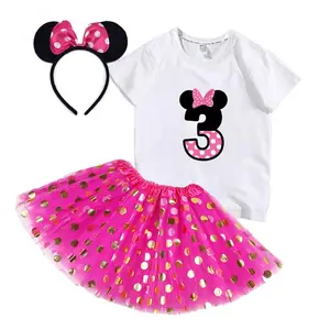 Kinderkleding Te Koop Gelukkige Verjaardag 3-8 Jaar Korte Mouw Tshirt + Tutu Rok 3 Stuks Kinderen Verjaardag Outfit MBGO-004