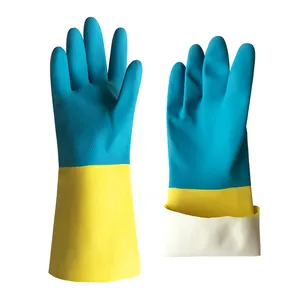 Guantes antiácidos antialcalinos resistentes a productos químicos de neopreno con forro flocado bicolor