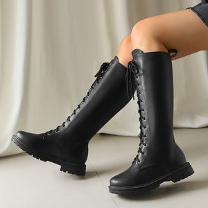 <b>Knee</b>-<b>High</b> Boots Leather Lace-Up Round Toe Flat Heel Anti-Slippery Rubber Outsole All Seasons Women's Shoes Drop Shipping - Product Image 5
