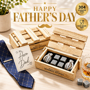 Regali per la Festa del Papà: Set Premium di Pietre per Whisky in Acciaio Inox a Forma di <span class=keywords><strong>Granata</strong></span> e Pietre Refrigeranti in Granito in Scatola di Legno - Product Image 1