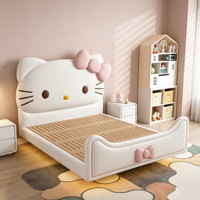 Lit enfant rembourré en cuir avec rangement, en bois massif, pour chambre de fille, motif chat mignon