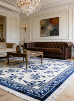 Tapis de sol traditionnel chinois bleu et blanc à motifs floraux en laine à poils longs sans colle pour salon