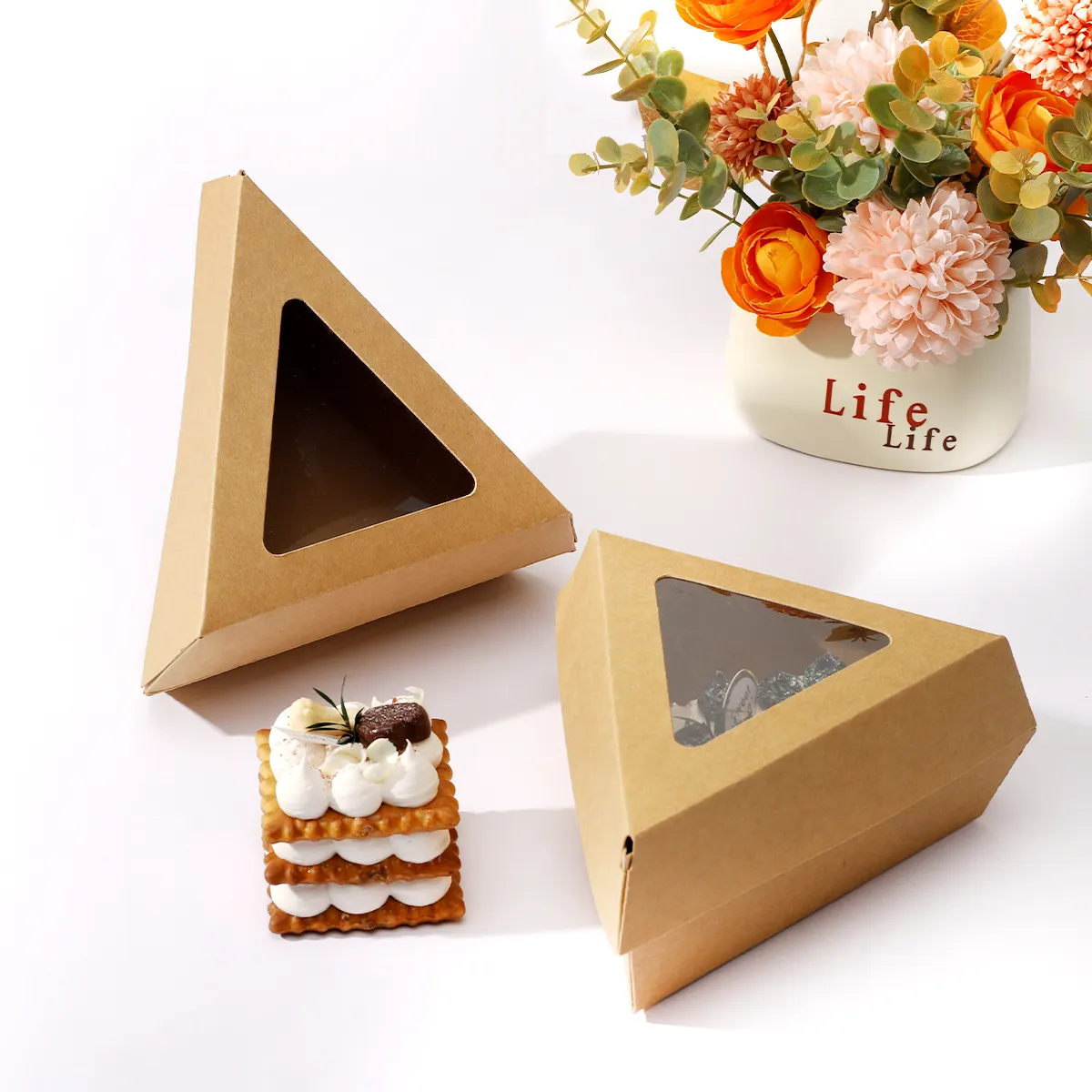 Caja de pastel triangular de una sola vez, caja de rebanadas de pizza sándwich de queso, embalaje horneado, cartón de Papel kraft con ventana transparente
