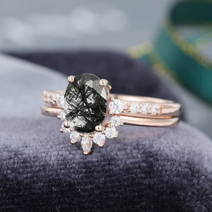 Cuarzo rutilado negro para mujer Plata de Ley 925 Cuarzo negro <span class=keywords><strong>con</strong></span> Cuarzo rutilado redondo ovalado de diamante - Product Image 4