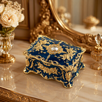 Boîte à bijoux vintage en émail bleu, en alliage de zinc plaqué or, étui à bibelots en métal, organisateur de bagues en velours, décoration de coiffeuse, mariage