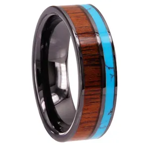 CHENG JEWELERS WHOLESALES koa wood inlay black ceramic wedding band oval shape blue turquoise ring