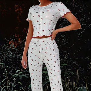 Conjunto de Pijama Fino de Verano para Mujer con Estampado de Cerezas, Volantes y Cintura Elástica Acanalada, de Manga Corta, para Comercio Exterior Transfronterizo - Product Image 3