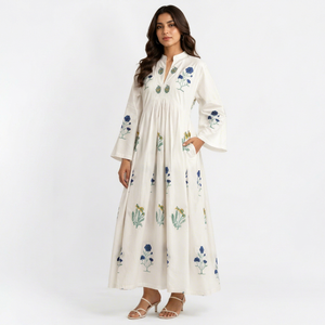 Robe maxi bohème à imprimé floral blanc, 100% coton, manches longues, respirante, décontractée, à porter au quotidien pour femmes - Product Image 1